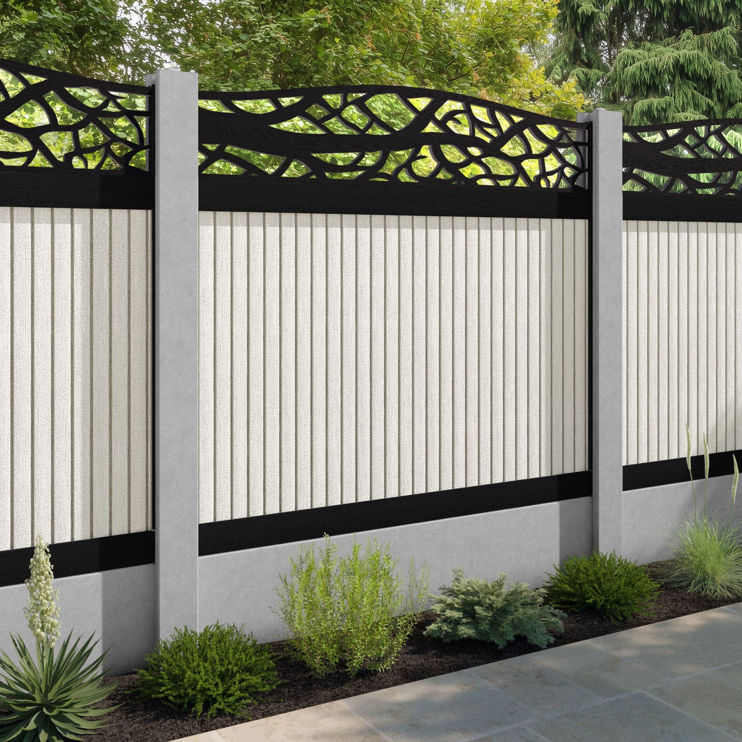 Virtis Twilight Curved Top Fence Panel - Light Stone - for existing concrete posts