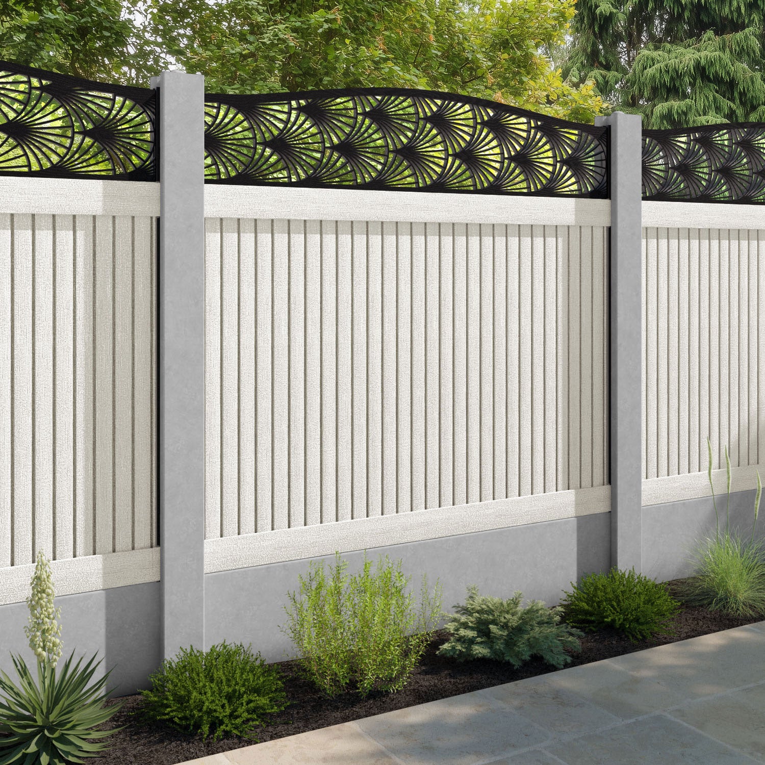Virtis Laurel Curved Top Fence Panel - Light Stone - for existing concrete posts