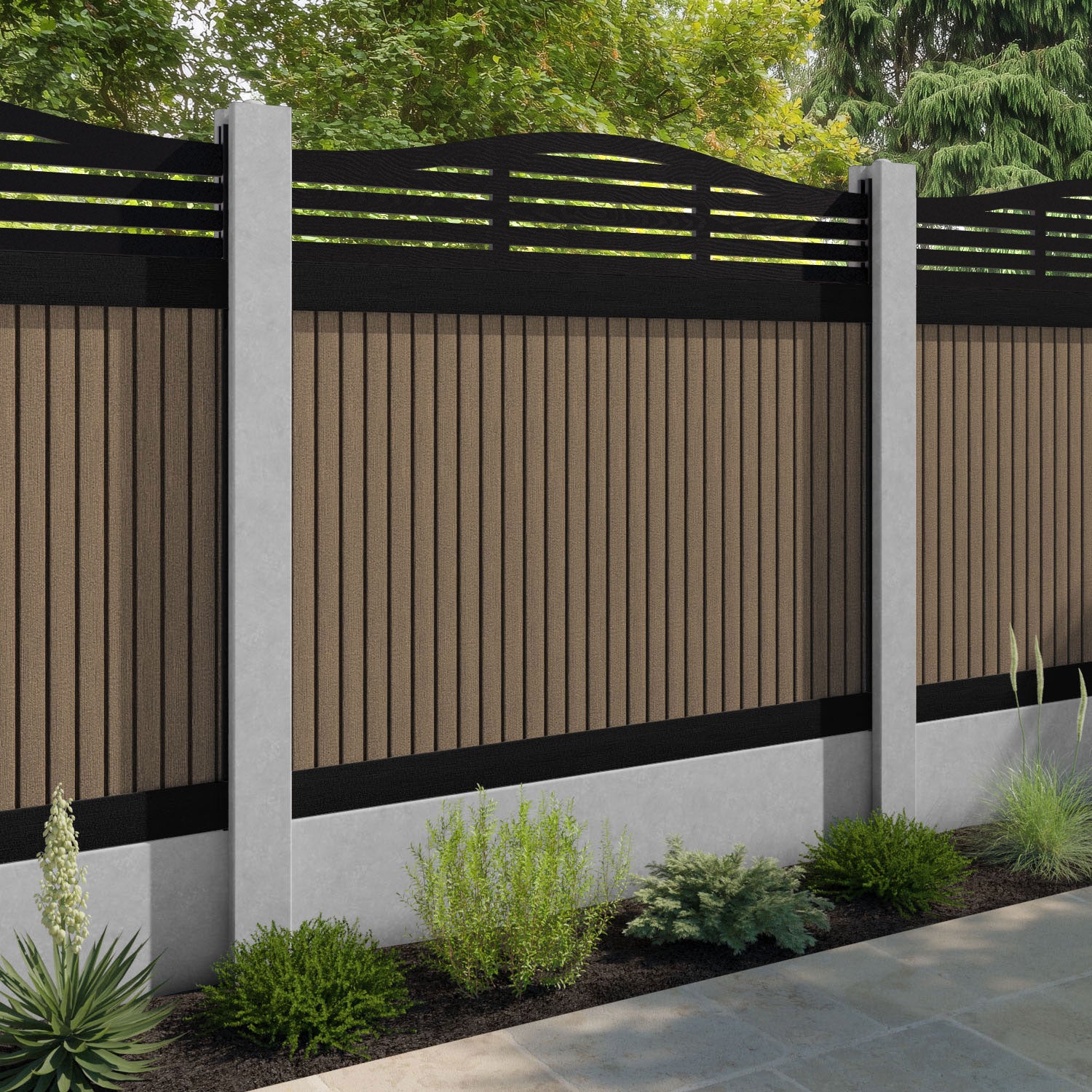 Virtis Aspen Curved Top Fence Panel - Teak - for existing concrete posts