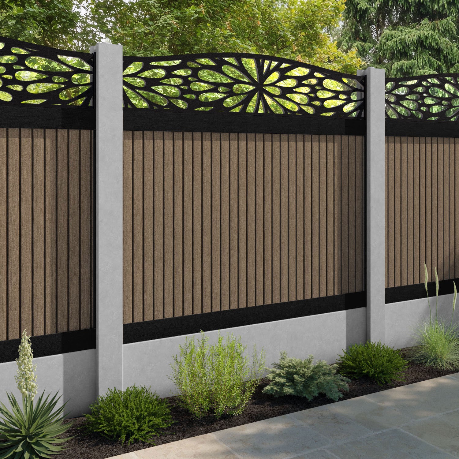 Virtis Blossom Curved Top Fence Panel - Teak - for existing concrete posts