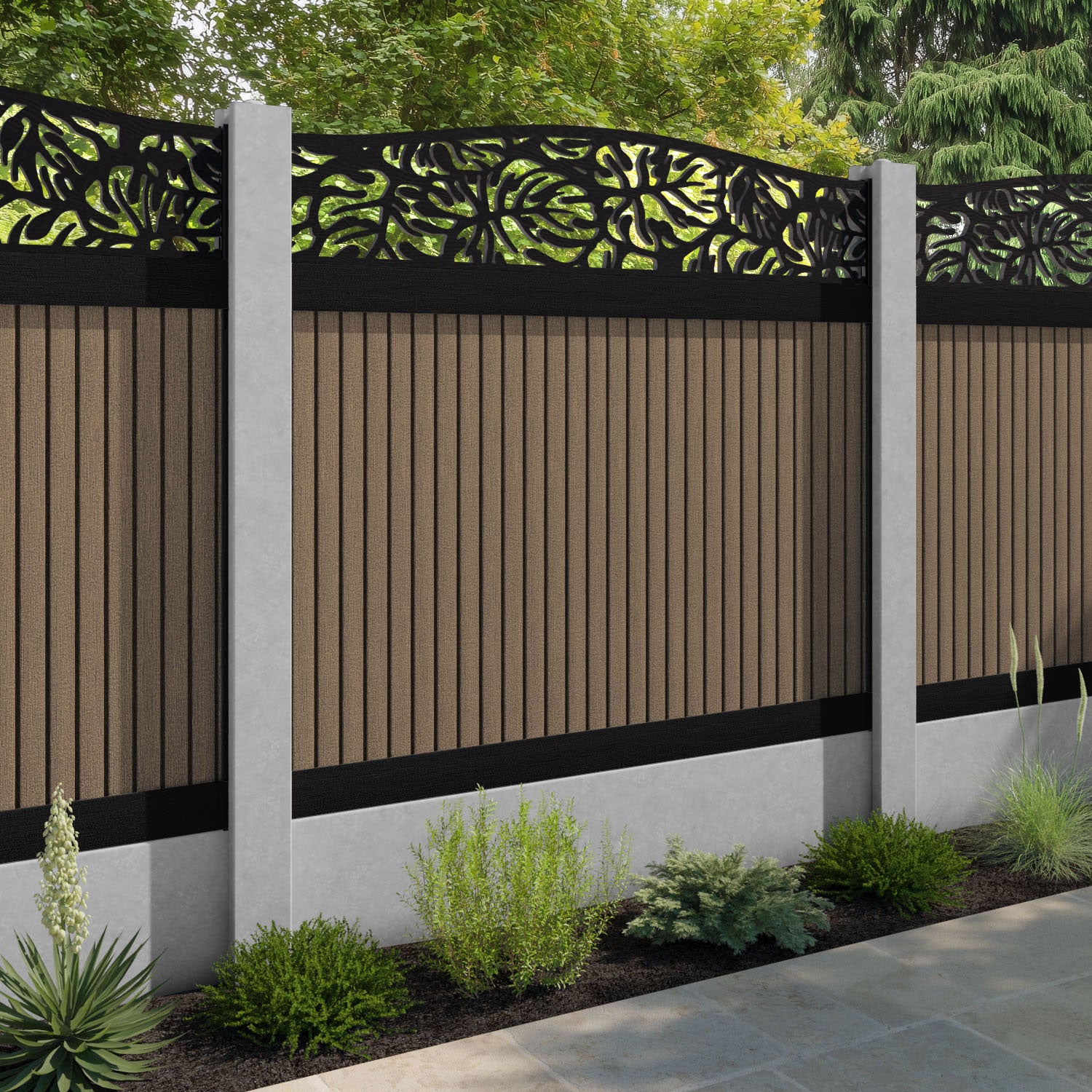 Virtis Botanic Curved Top Fence Panel - Teak - for existing concrete posts