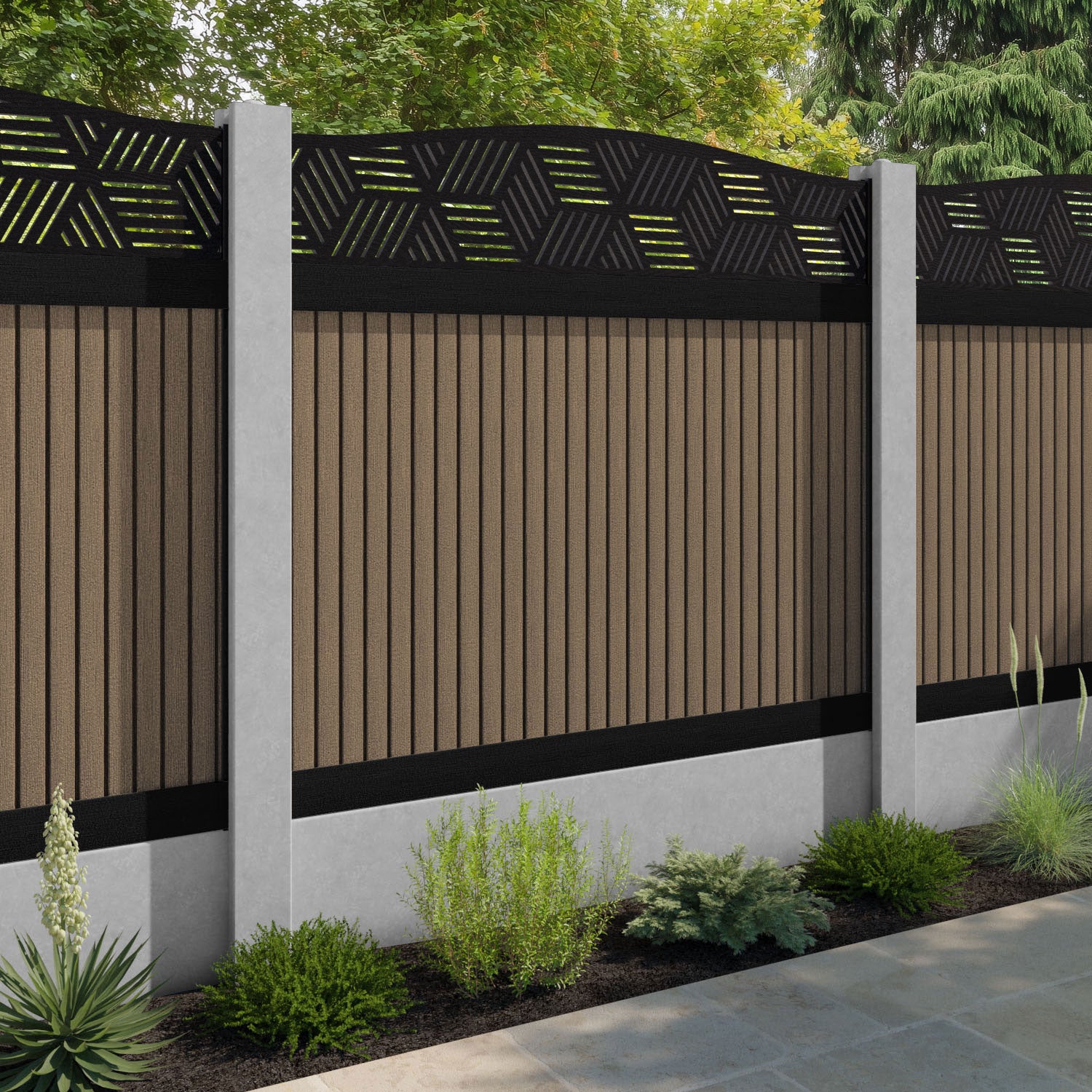 Virtis Cubed Curved Top Fence Panel - Teak - for existing concrete posts