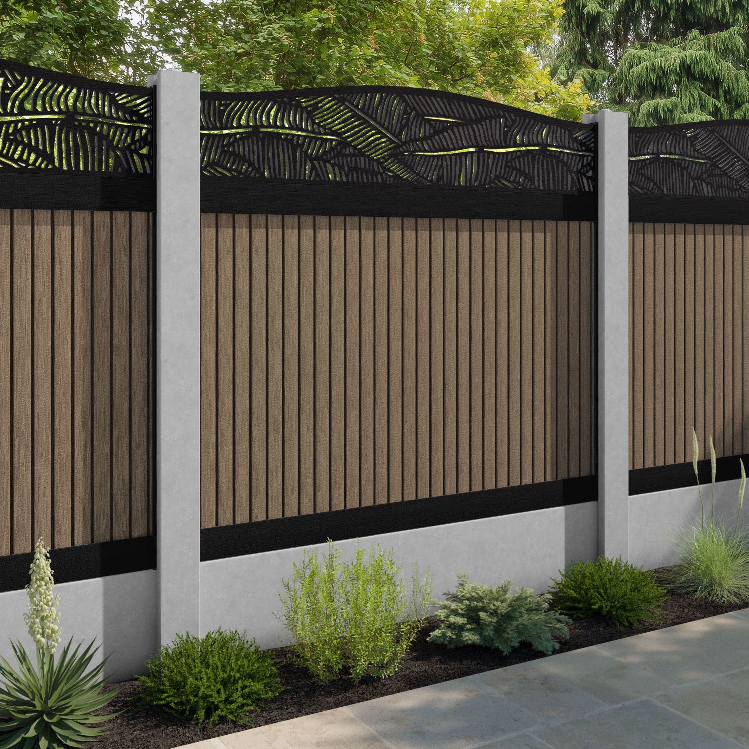 Virtis Feather Curved Top Fence Panel - Teak - for existing concrete posts