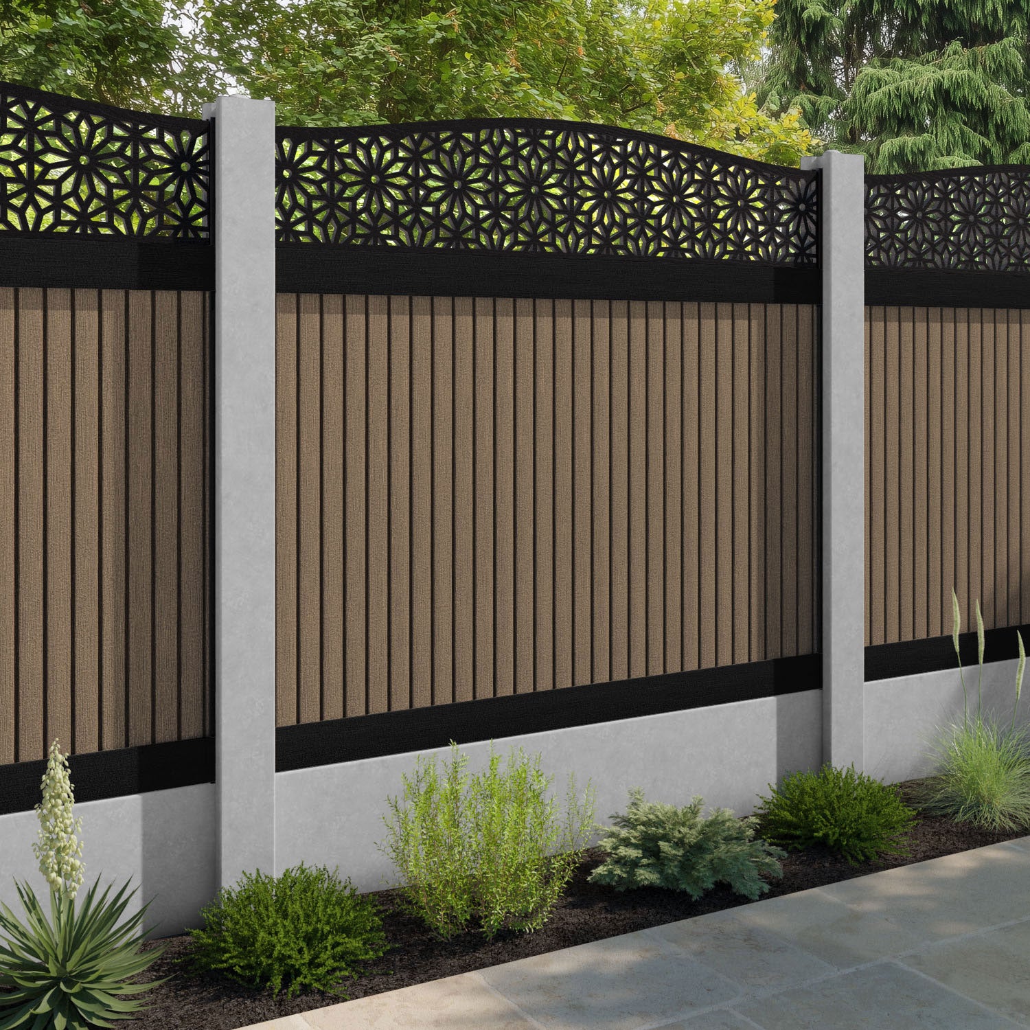 Virtis Narwa Curved Top Fence Panel - Teak - for existing concrete posts