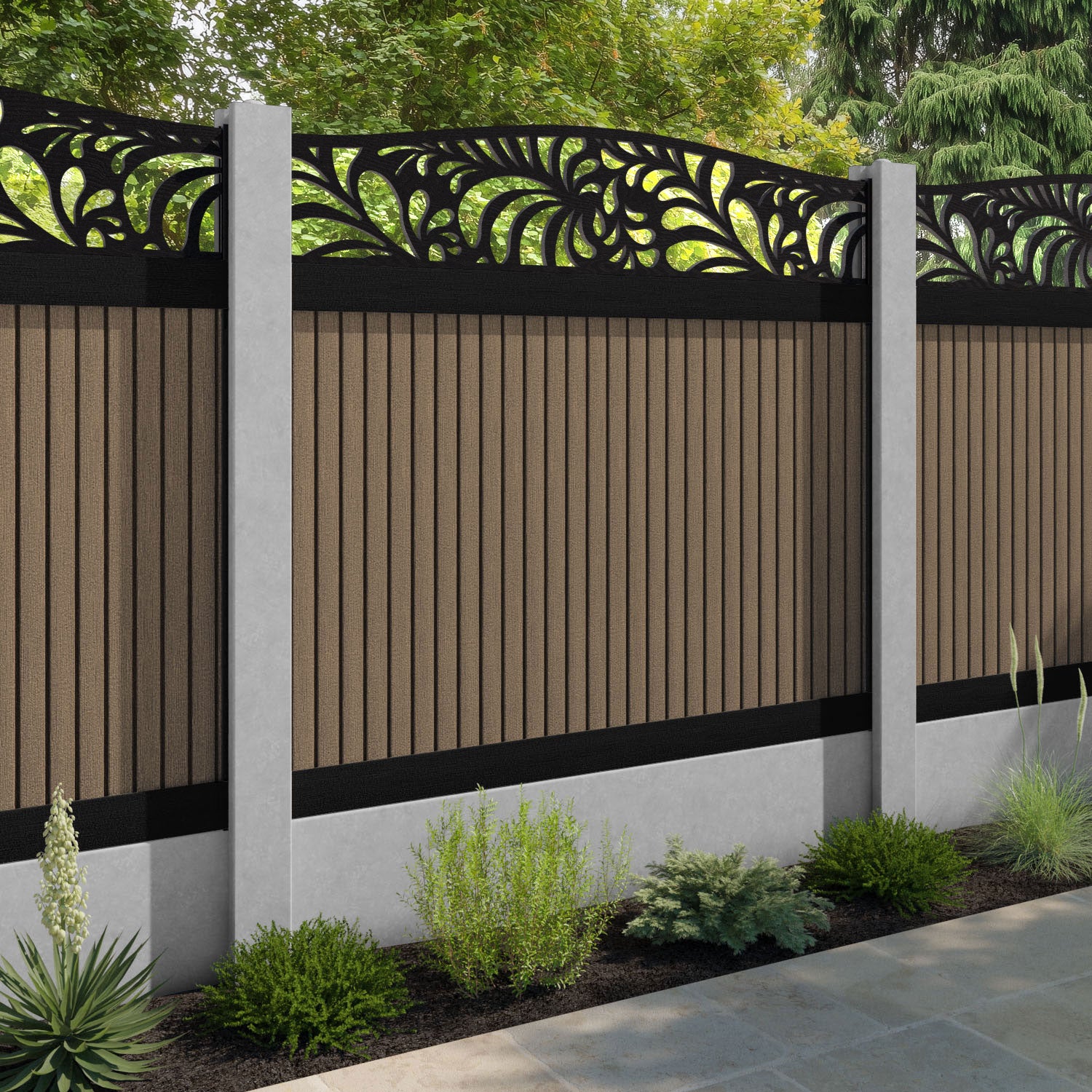 Virtis Petal Curved Top Fence Panel - Teak - for existing concrete posts