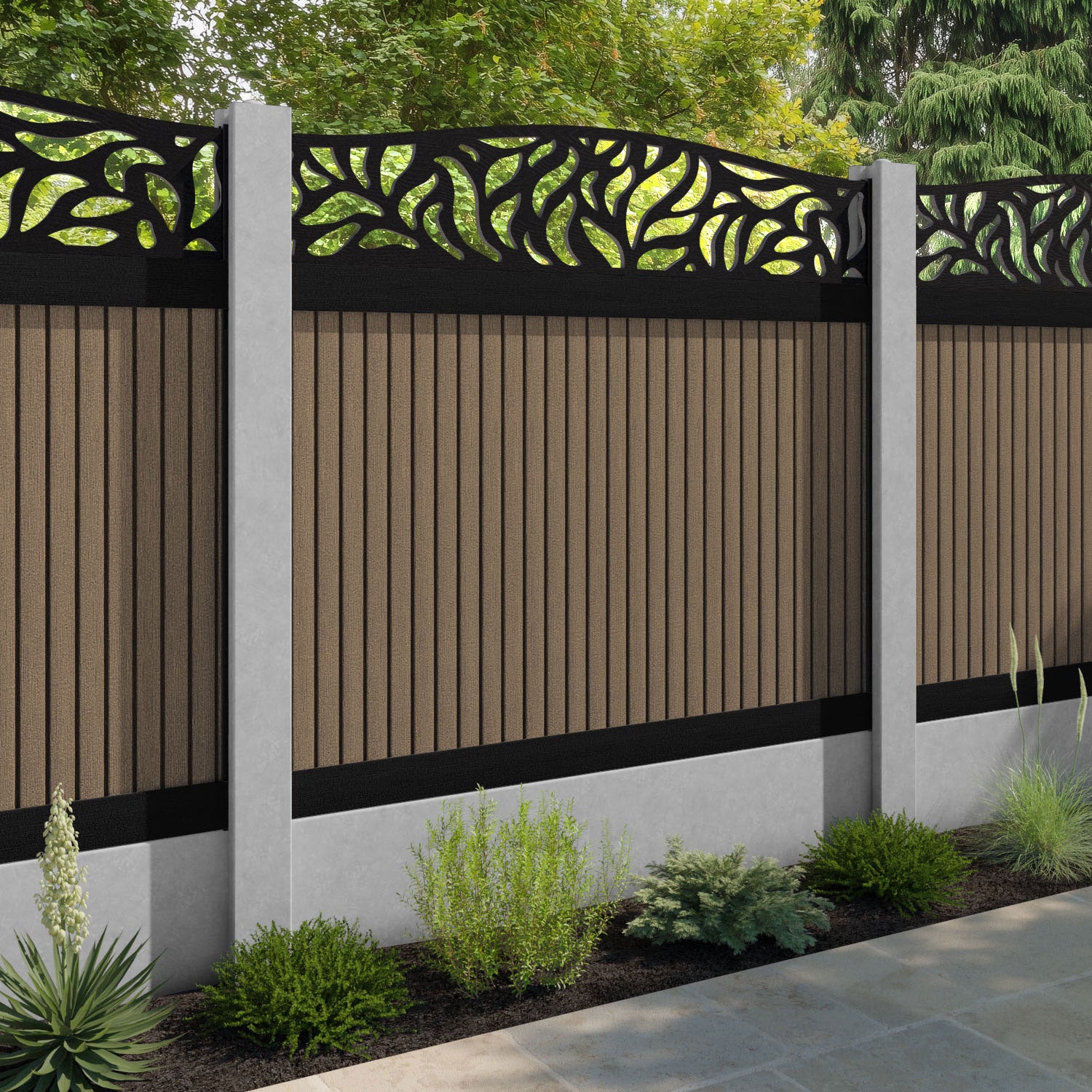 Virtis Plume Curved Top Fence Panel - Teak - for existing concrete posts