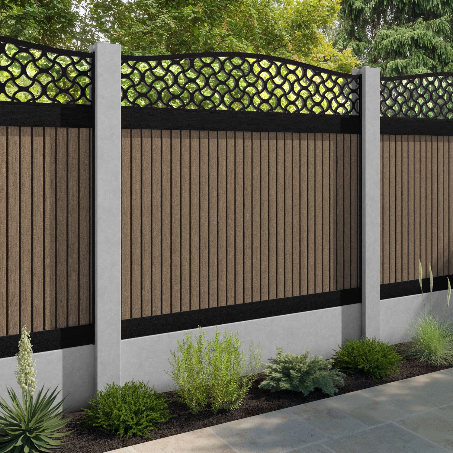 Virtis Vida Curved Top Fence Panel - Teak - for existing concrete posts