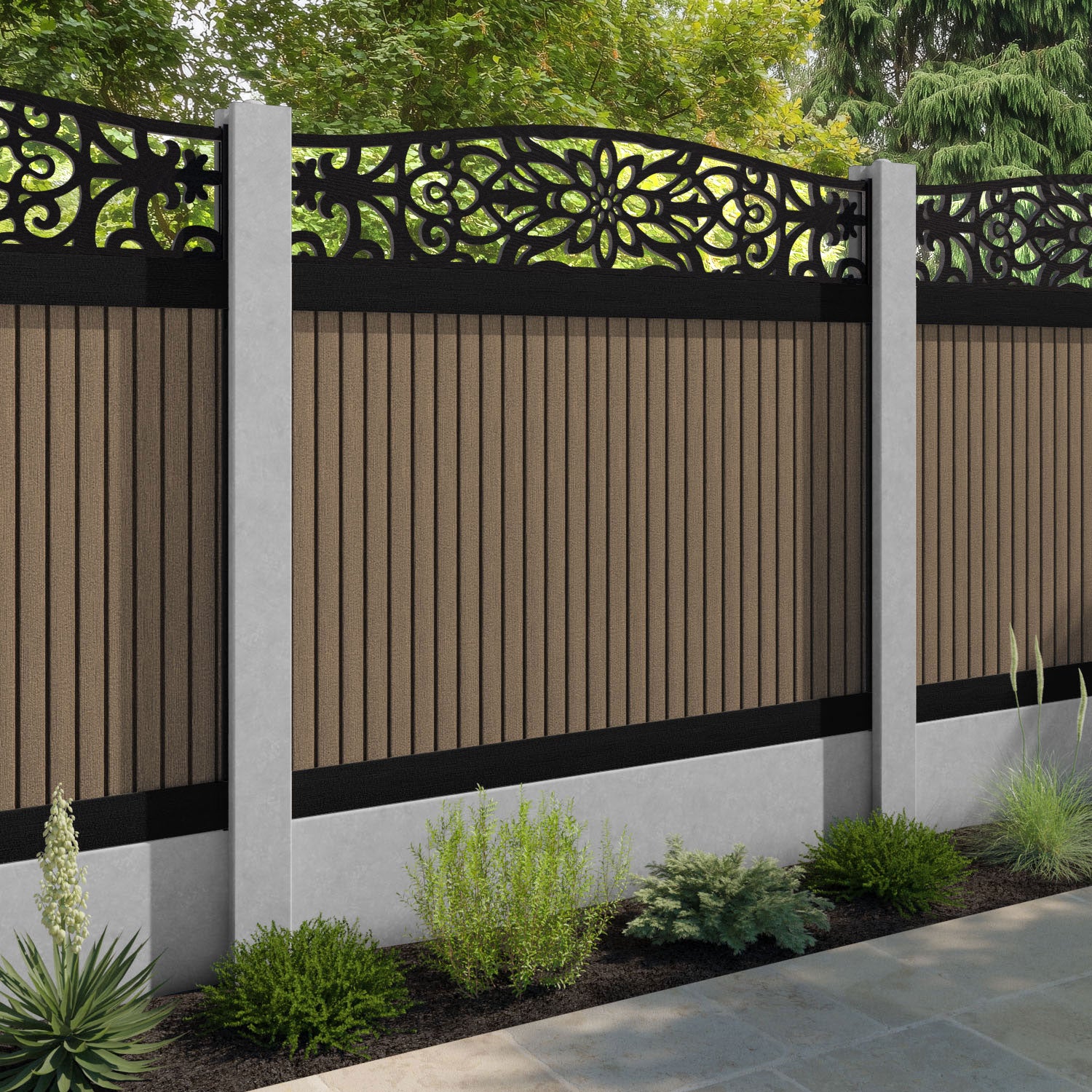 Virtis Windsor Curved Top Fence Panel - Teak - for existing concrete posts