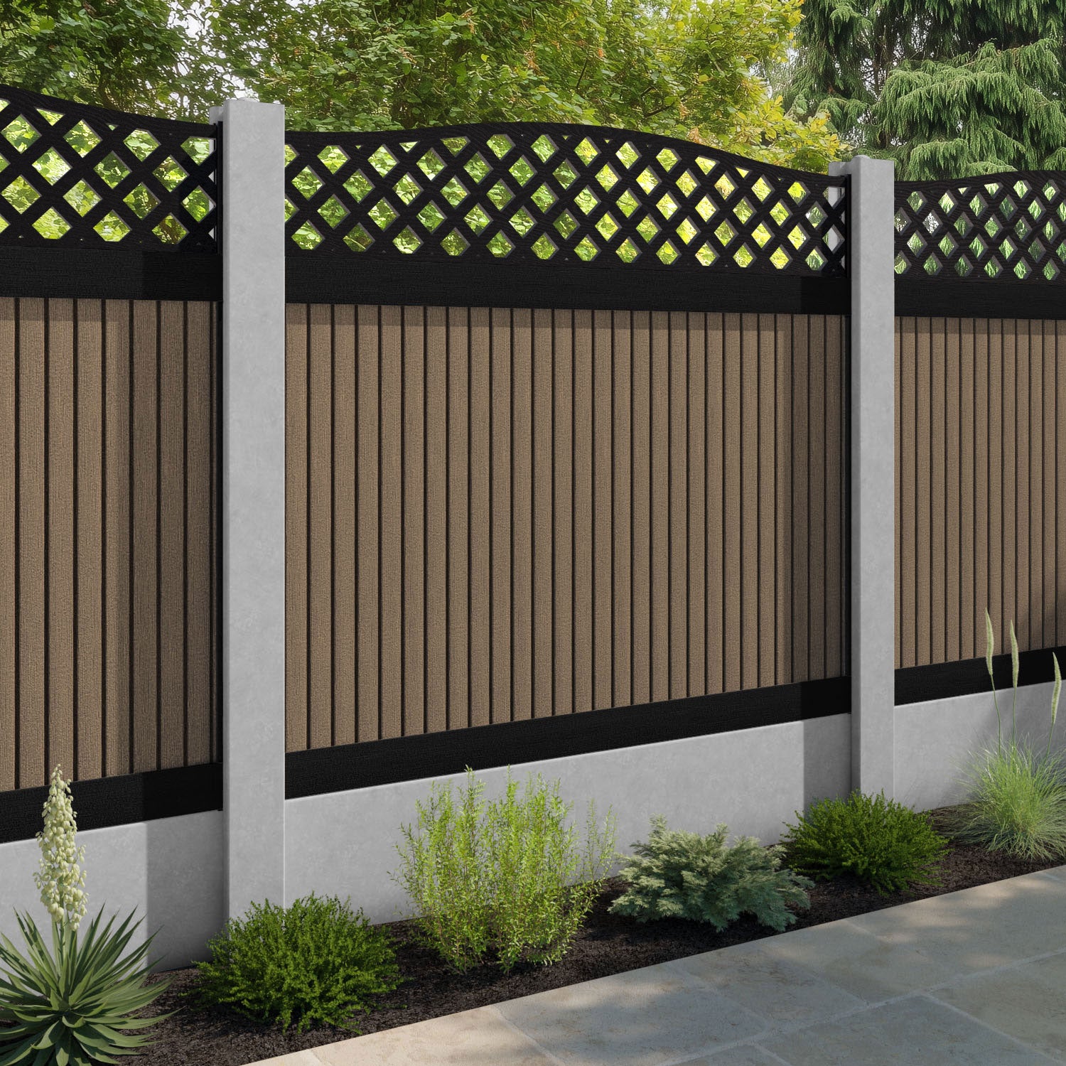 Virtis High Wave Fence Panel - Teak - for existing concrete posts