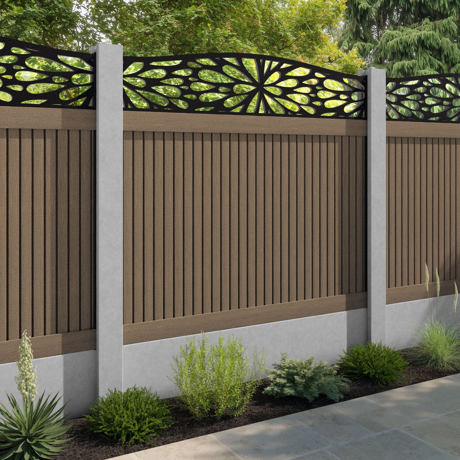 Virtis Blossom Curved Top Fence Panel - Teak - for existing concrete posts