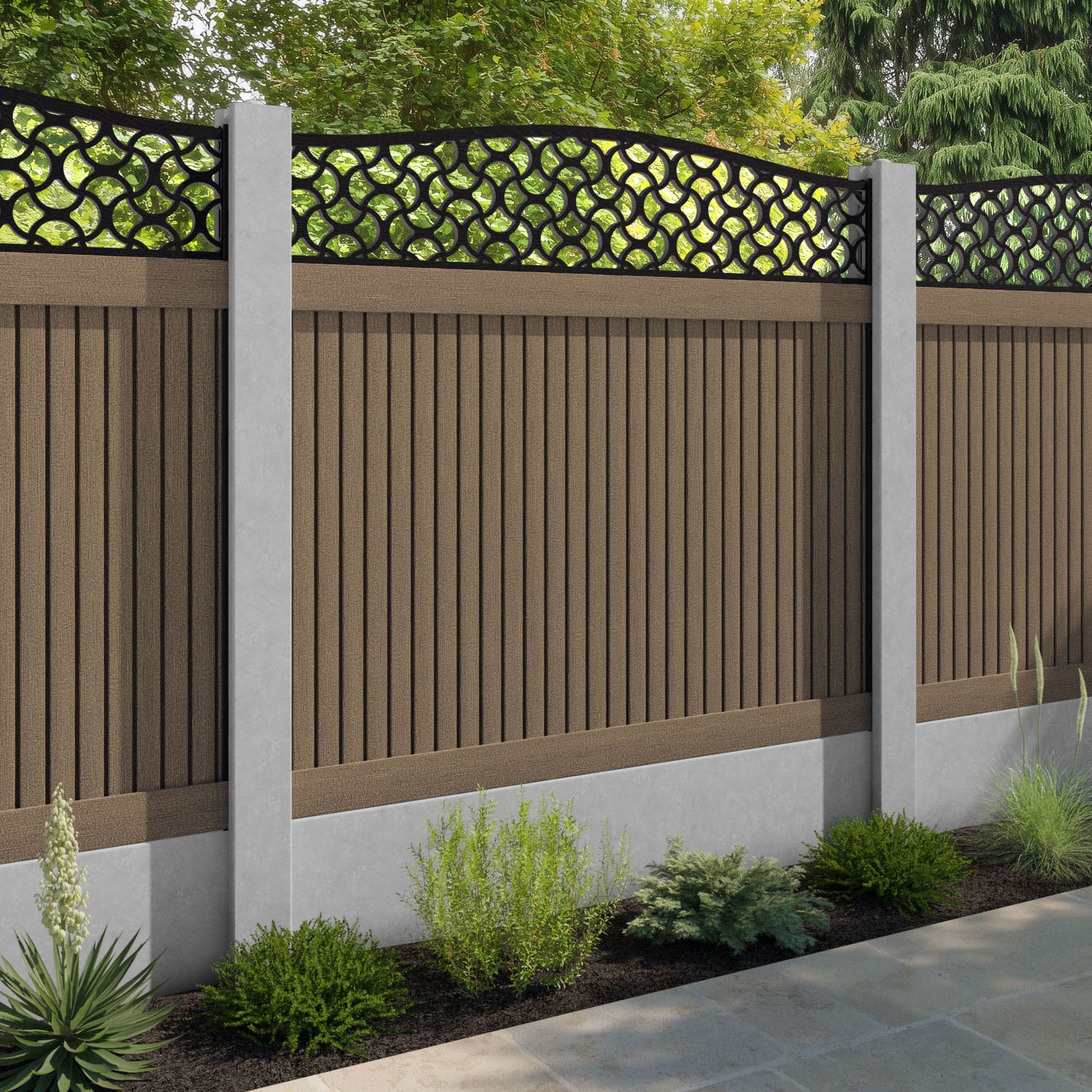 Virtis Vida Curved Top Fence Panel - Teak - for existing concrete posts