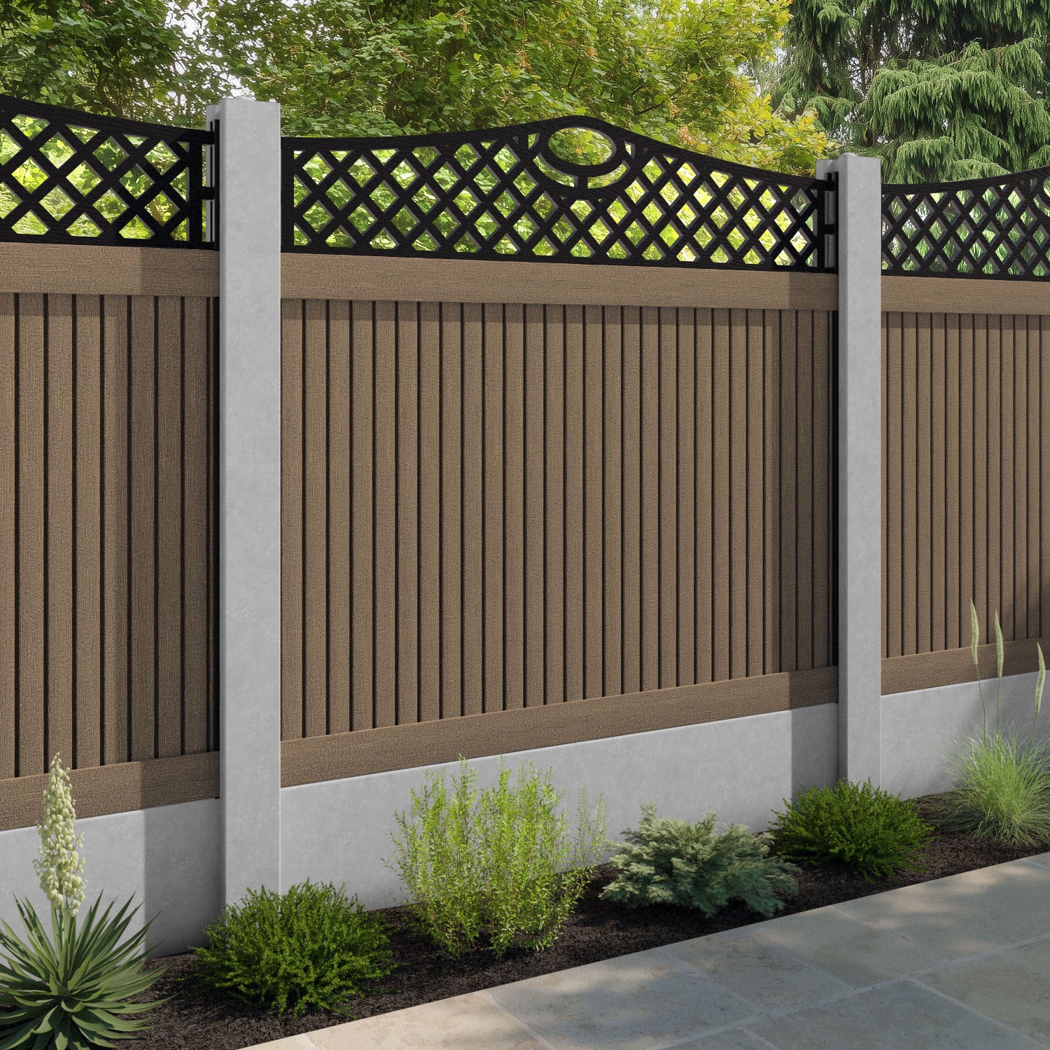 Virtis Oxford Curved Top Fence Panel - Teak - for existing concrete posts