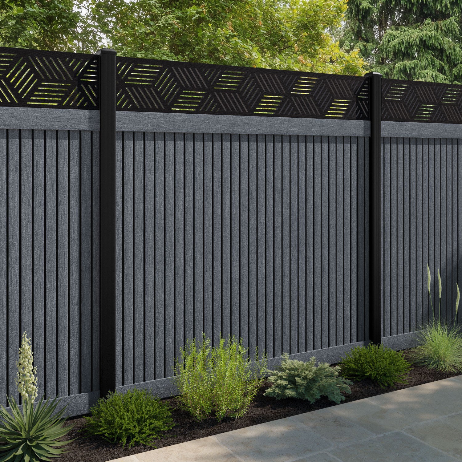 Virtis Cubed Fence Panel - Anthracite - with our aluminium posts