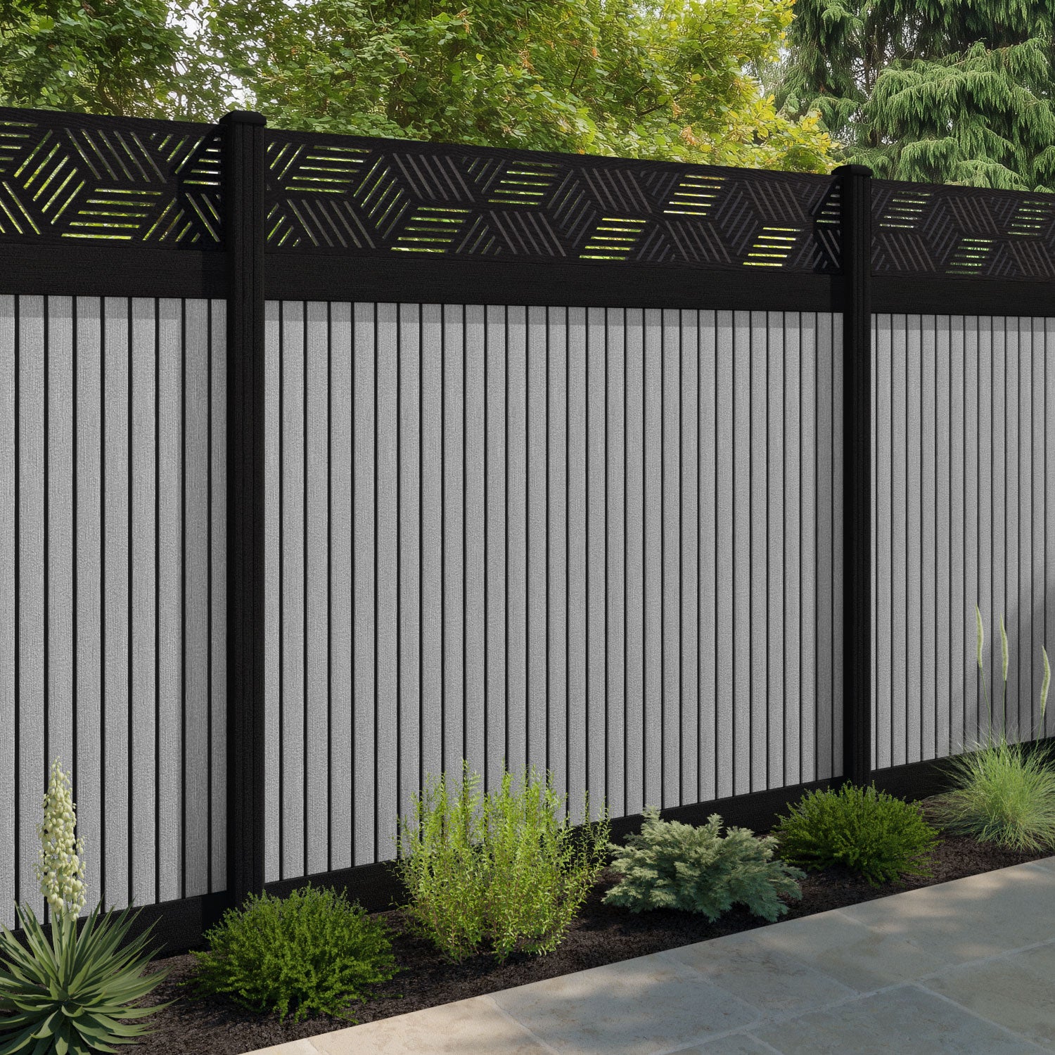 Virtis Cubed Fence Panel - Light Grey - with our aluminium posts