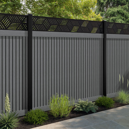 Virtis Cubed Fence Panel - Mid Grey - with our aluminium posts