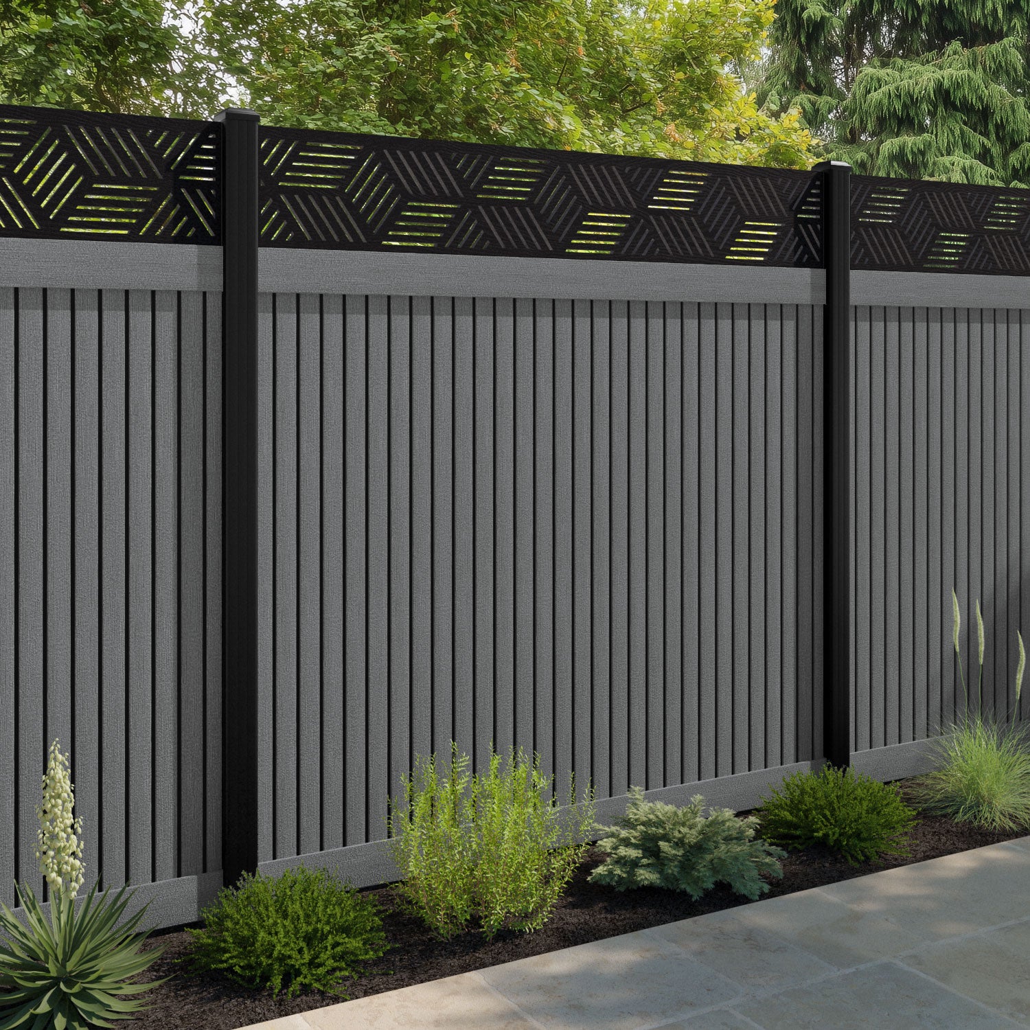 Virtis Cubed Fence Panel - Mid Grey - with our composite posts