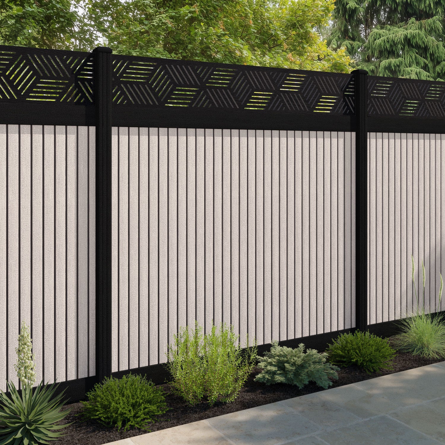 Virtis Cubed Fence Panel - Mid Stone - with our aluminium posts