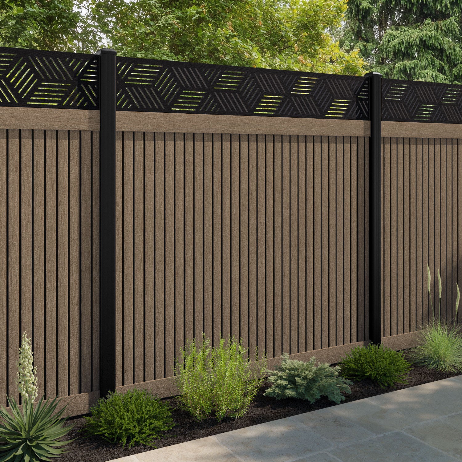 Virtis Cubed Fence Panel - Teak - with our aluminium posts