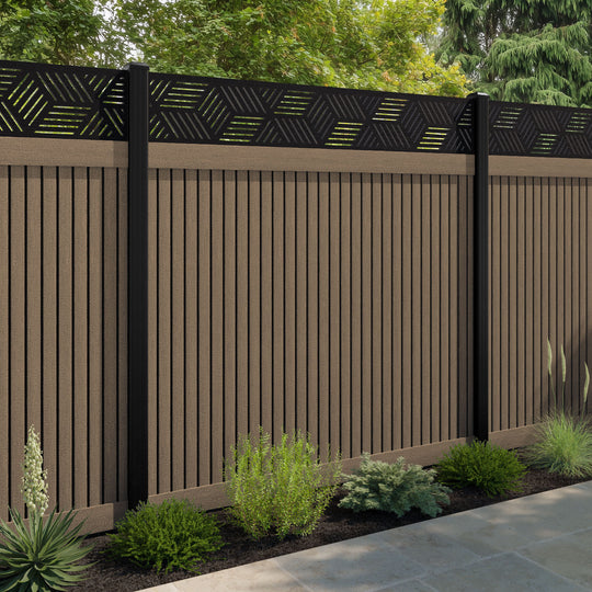 Virtis Cubed Fence Panel - Teak - with our aluminium posts