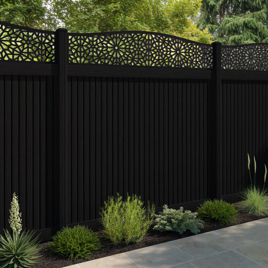Virtis Alnara Curved Top Fence Panel - Black - with our composite posts
