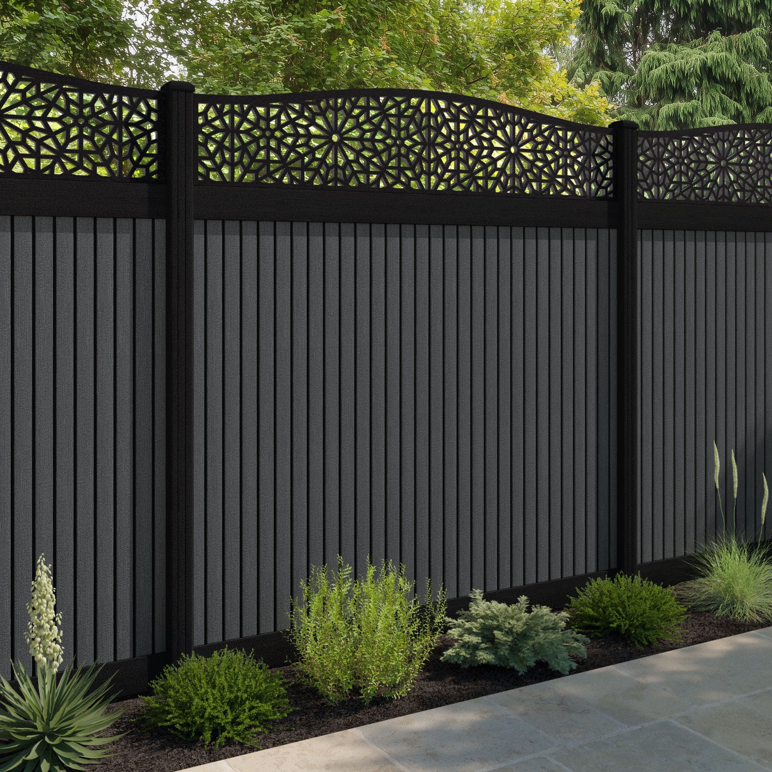 Virtis Alnara Curved Top Fence Panel - Dark Grey - with our aluminium posts