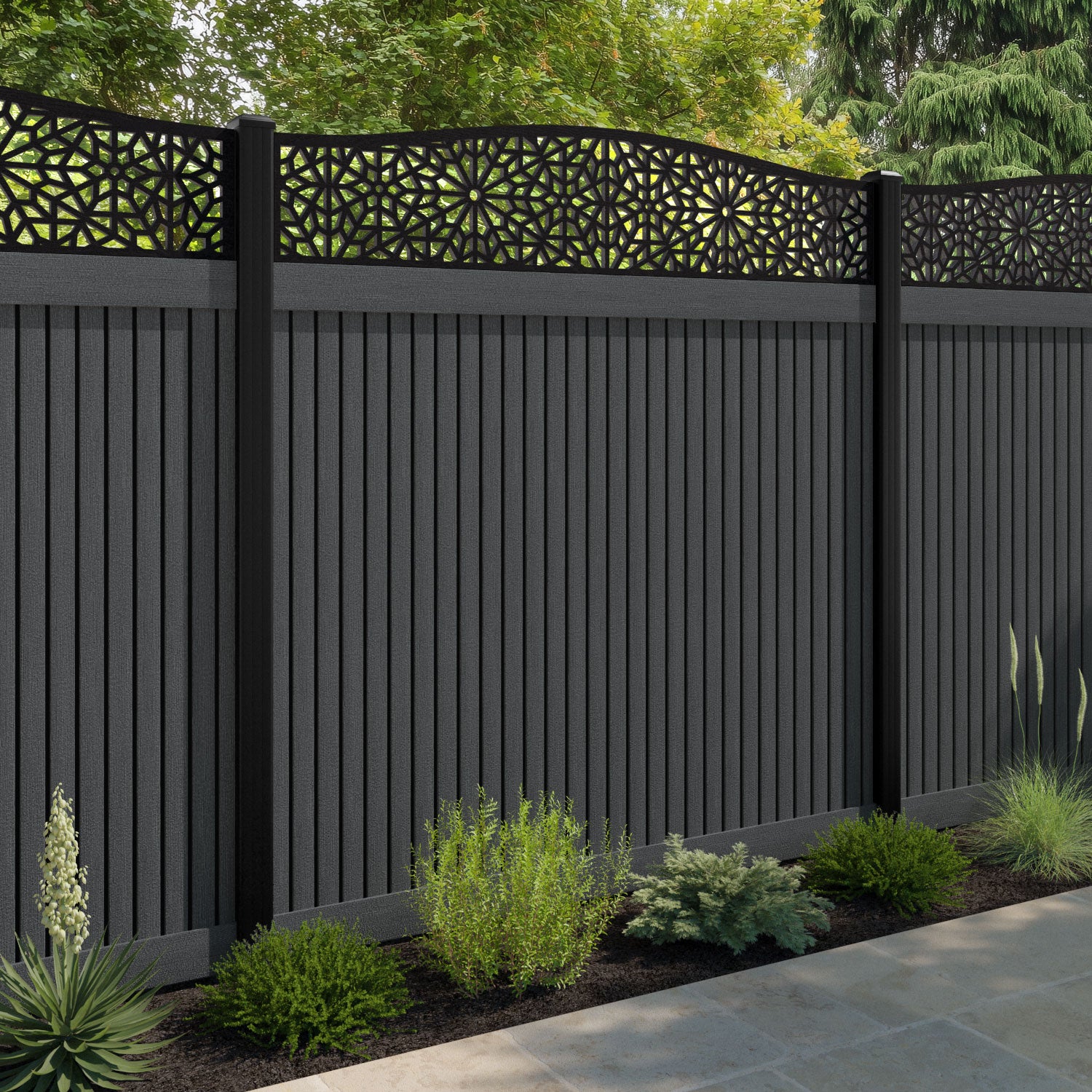 Virtis Alnara Curved Top Fence Panel - Dark Grey - with our aluminium posts