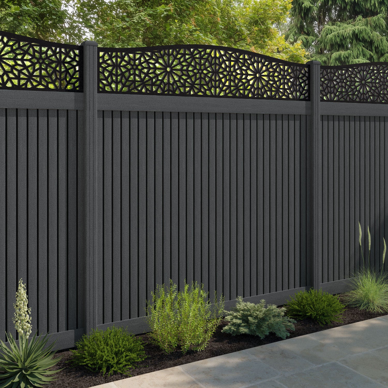 Virtis Alnara Curved Top Fence Panel - Dark Grey - with our composite posts