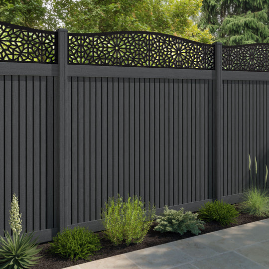 Virtis Alnara Curved Top Fence Panel - Dark Grey - with our composite posts