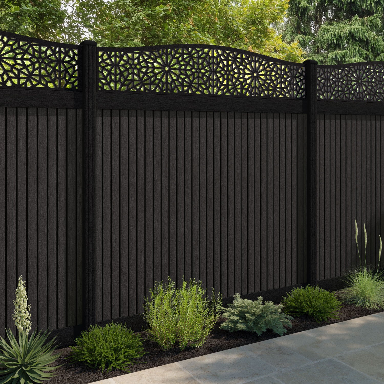 Virtis Alnara Curved Top Fence Panel - Dark Oak - with our composite posts