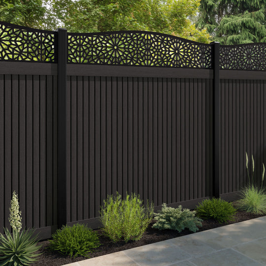 Virtis Alnara Curved Top Fence Panel - Dark Oak - with our aluminium posts