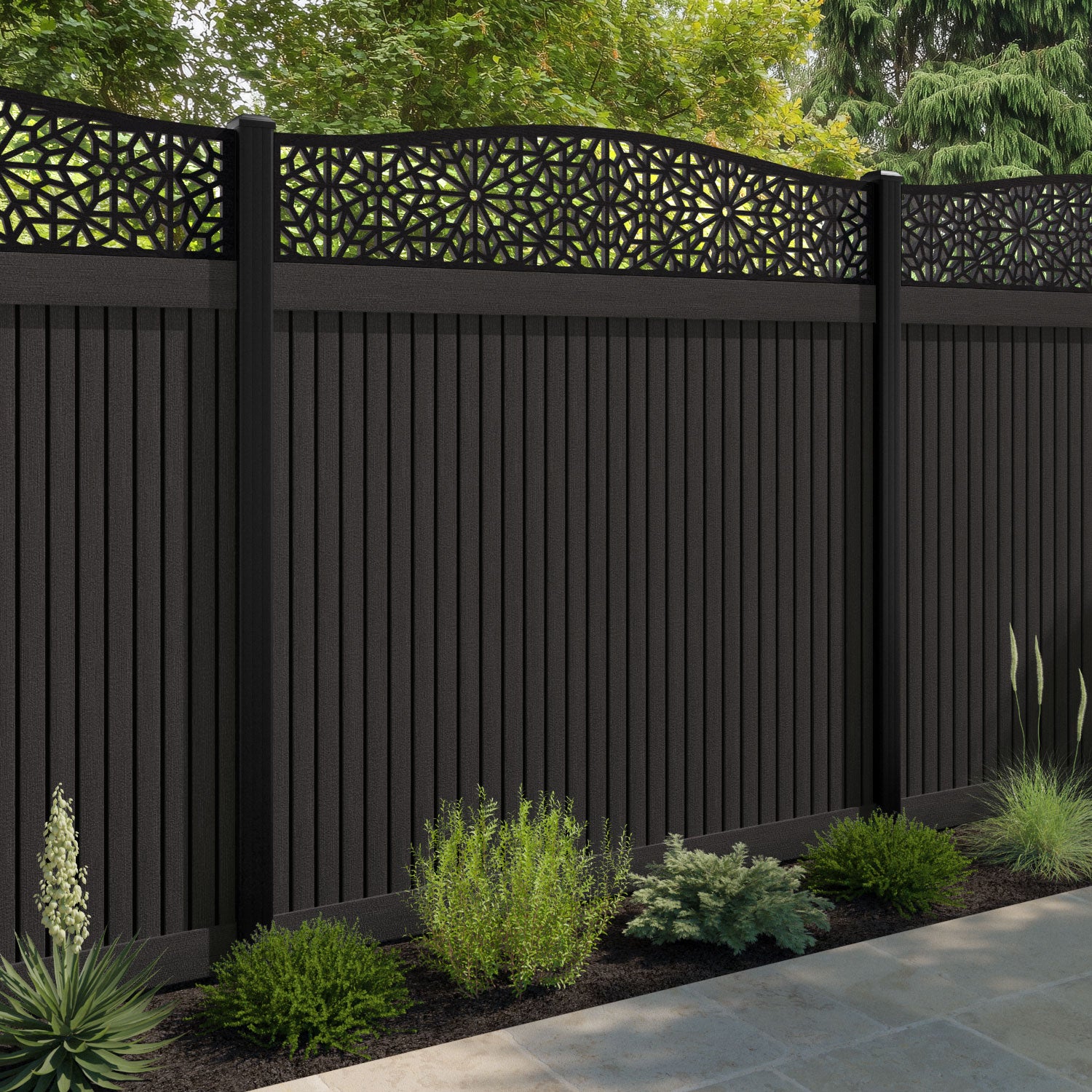 Virtis Alnara Curved Top Fence Panel - Dark Oak - with our composite posts