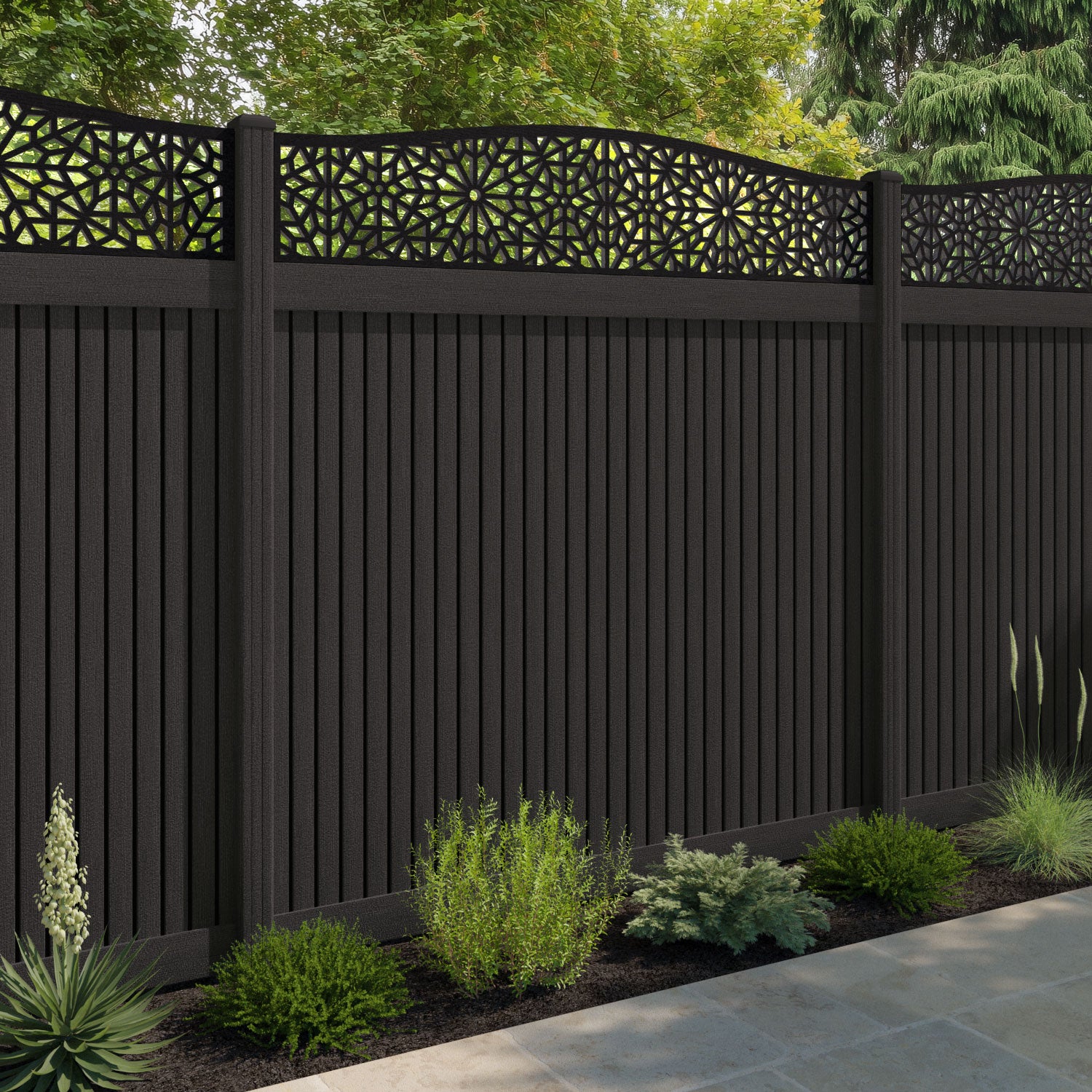 Virtis Alnara Curved Top Fence Panel - Dark Oak - with our composite posts