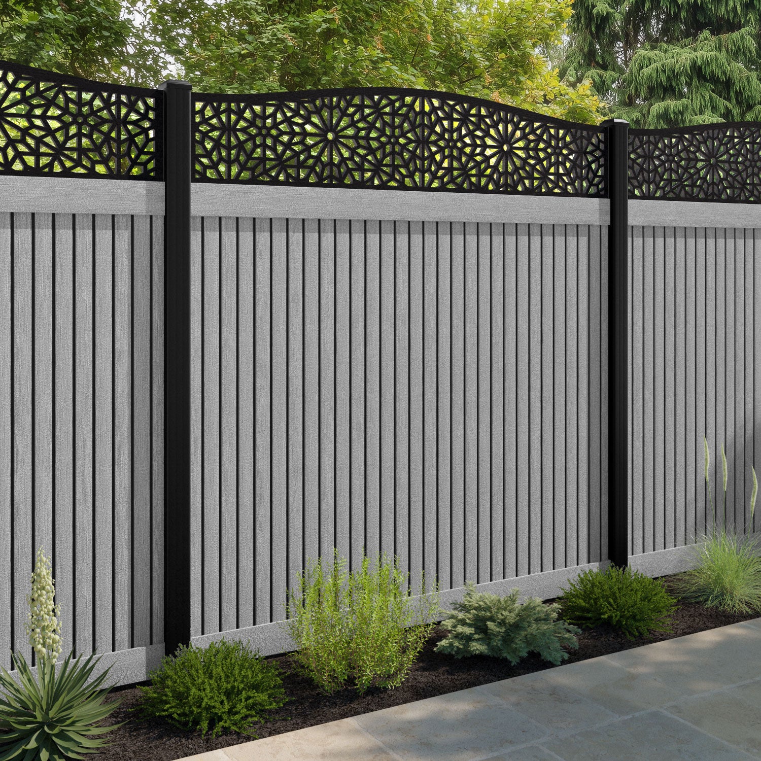 Virtis Alnara Curved Top Fence Panel - Light Grey - with our aluminium posts