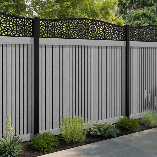 Virtis Alnara Curved Top Fence Panel - Light Grey - with our aluminium posts