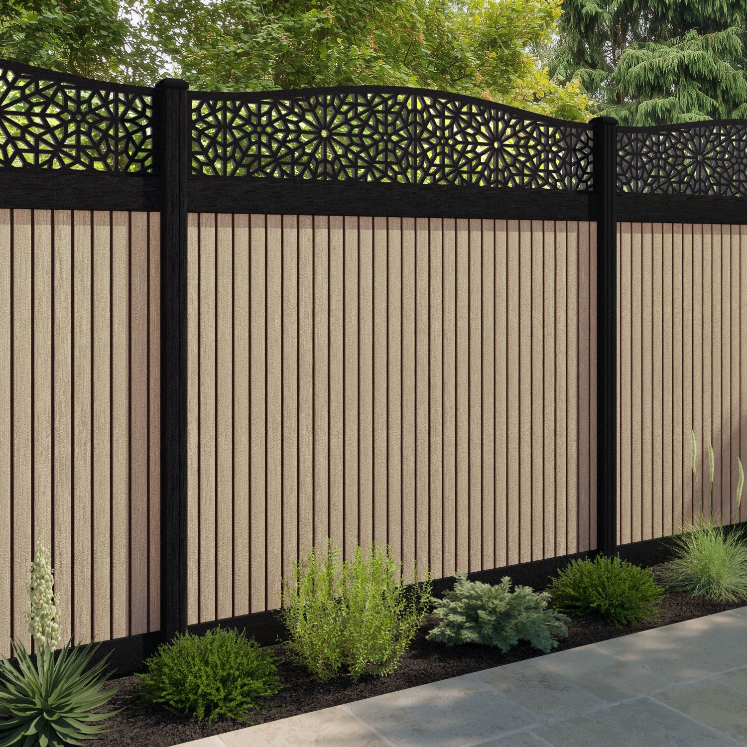 Virtis Alnara Curved Top Fence Panel - Light Oak - with our composite posts