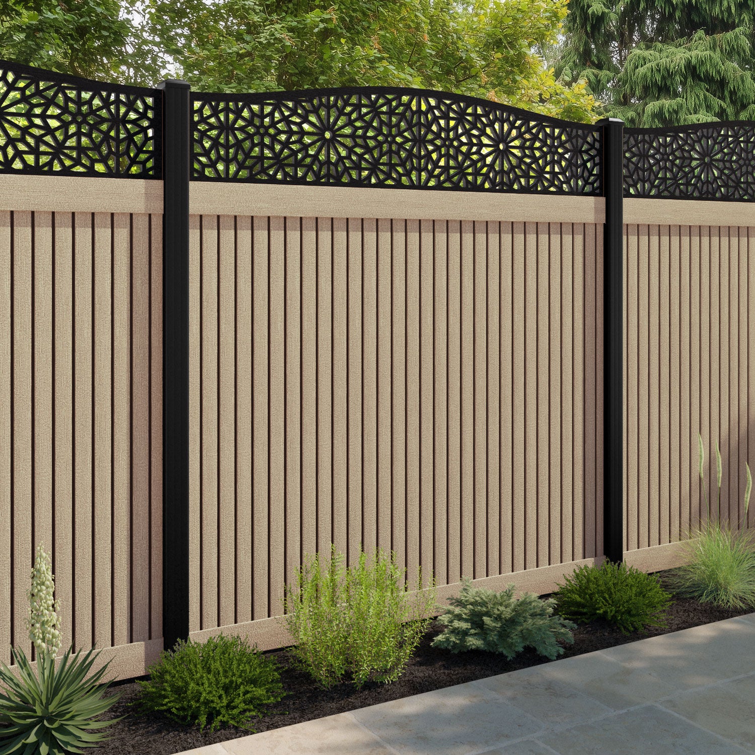 Virtis Alnara Curved Top Fence Panel - Light Oak - with our aluminium posts