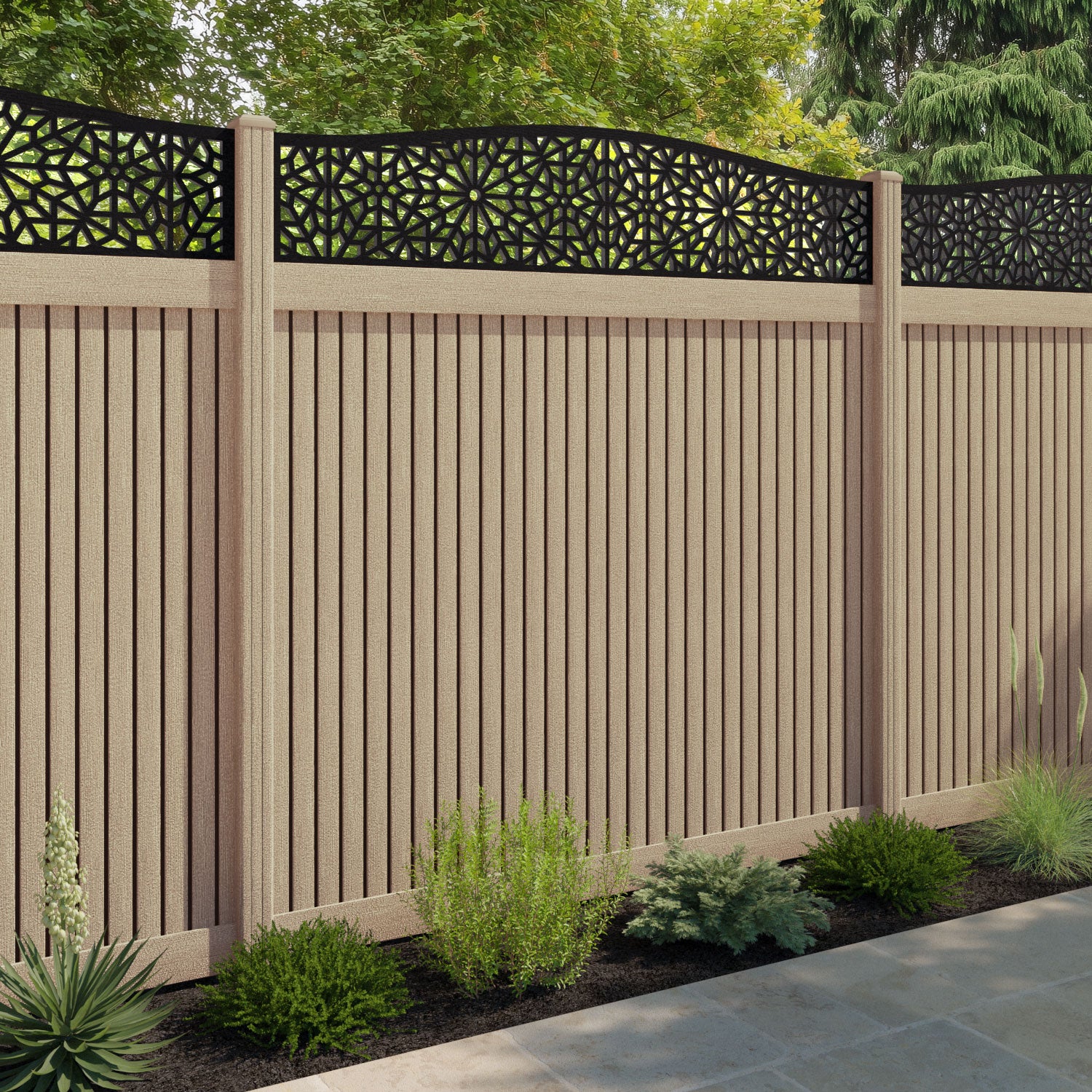 Virtis Alnara Curved Top Fence Panel - Light Oak - with our composite posts