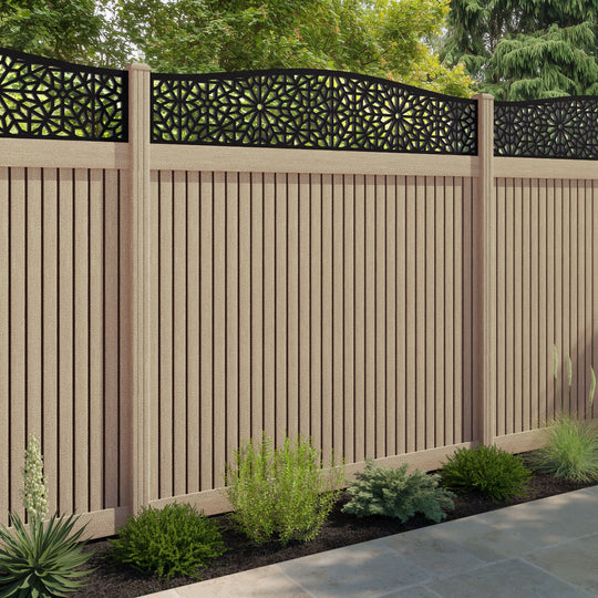 Virtis Alnara Curved Top Fence Panel - Light Oak - with our composite posts