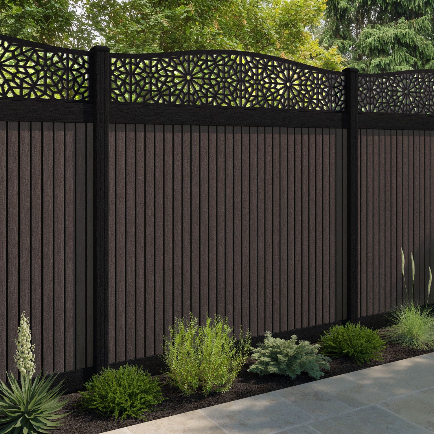 Virtis Alnara Curved Top Fence Panel - Mid Brown - with our composite posts