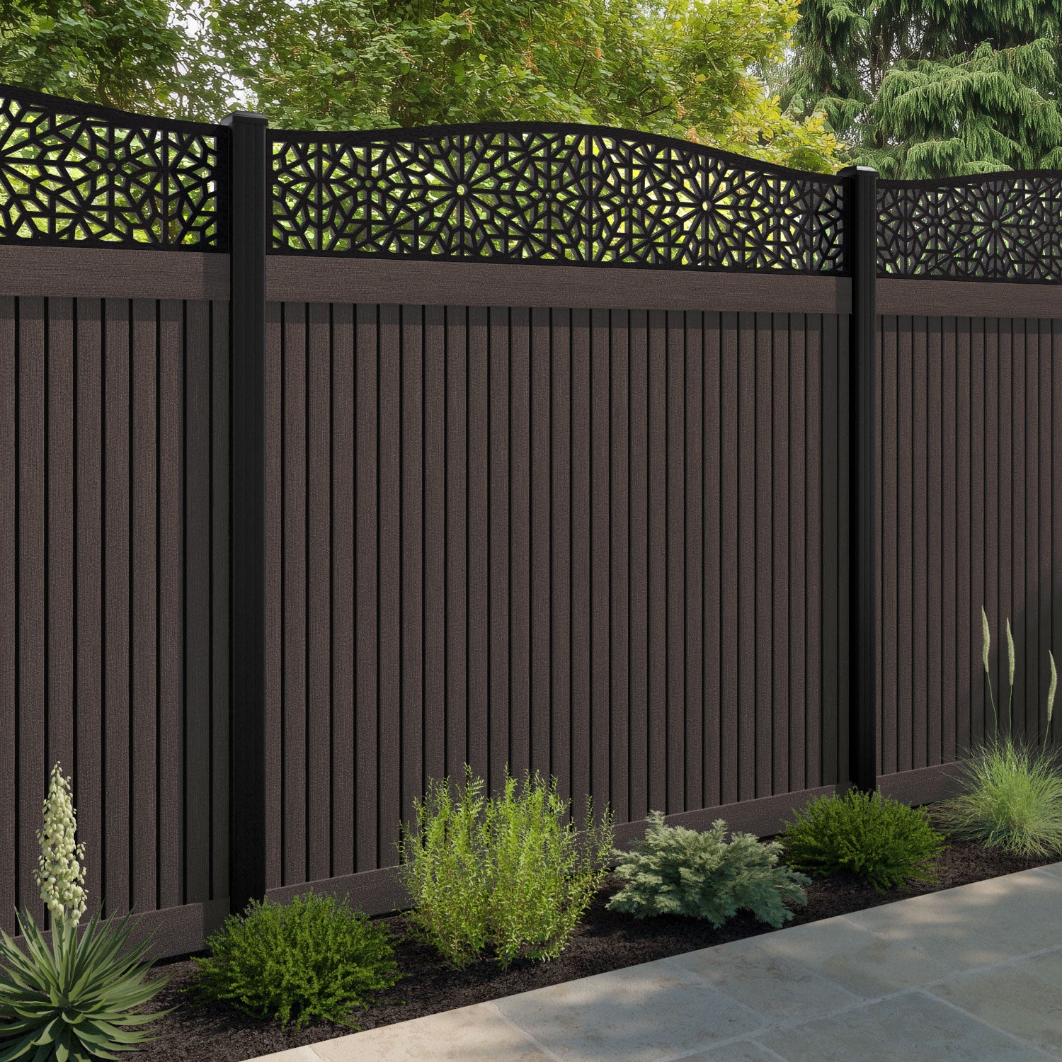 Virtis Alnara Curved Top Fence Panel - Mid Brown - with our composite posts