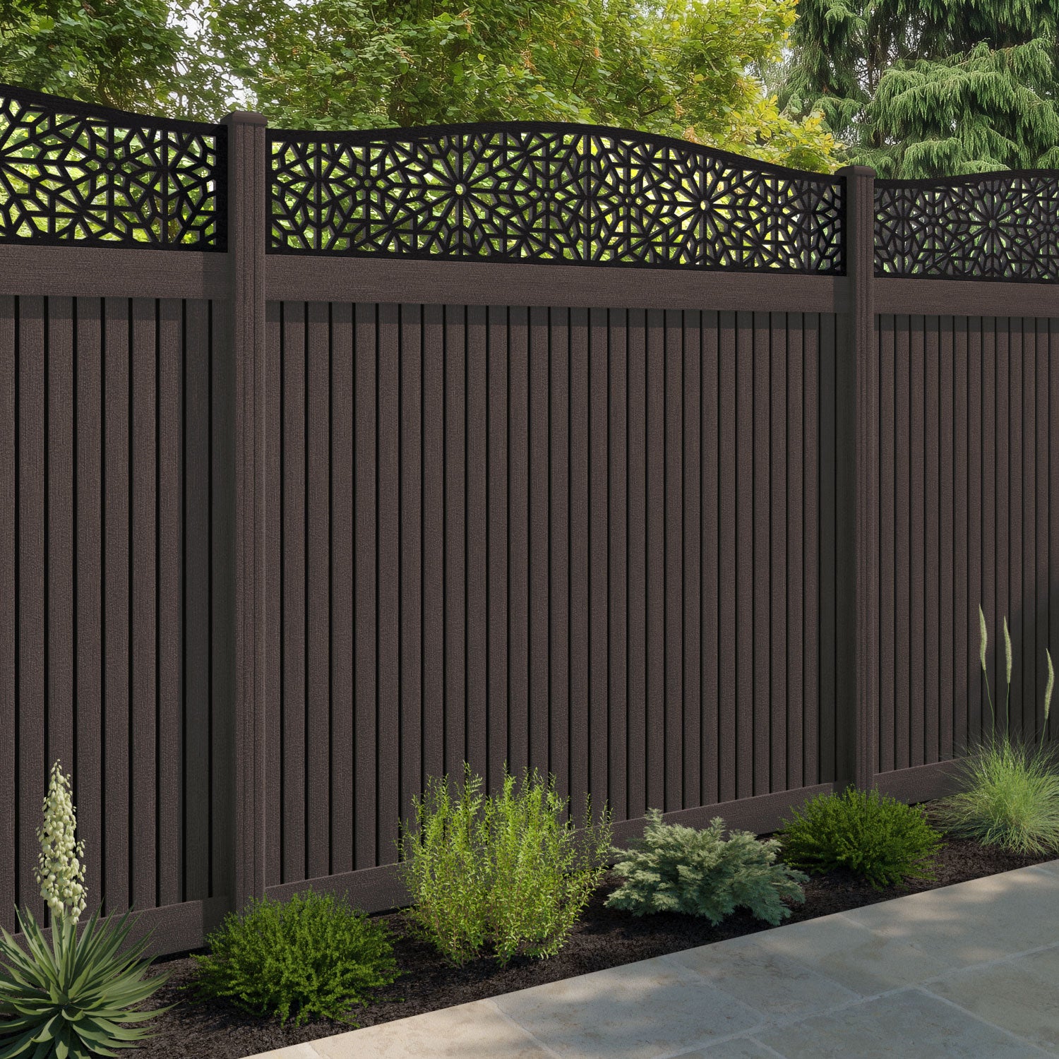 Virtis Alnara Curved Top Fence Panel - Mid Brown - with our composite posts