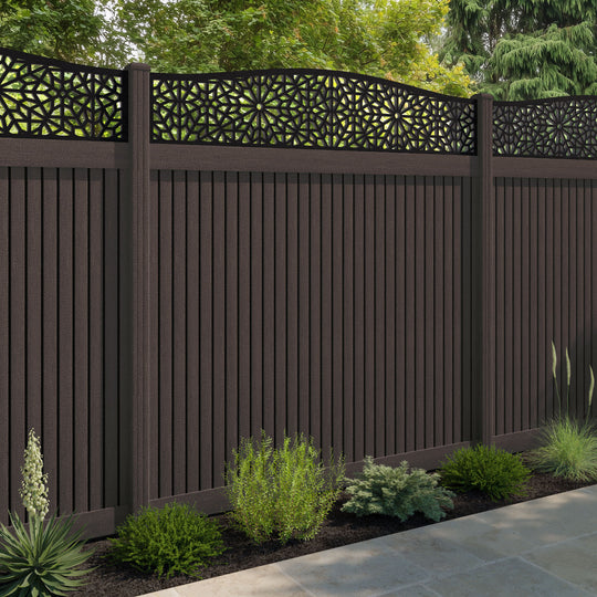 Virtis Alnara Curved Top Fence Panel - Mid Brown - with our composite posts