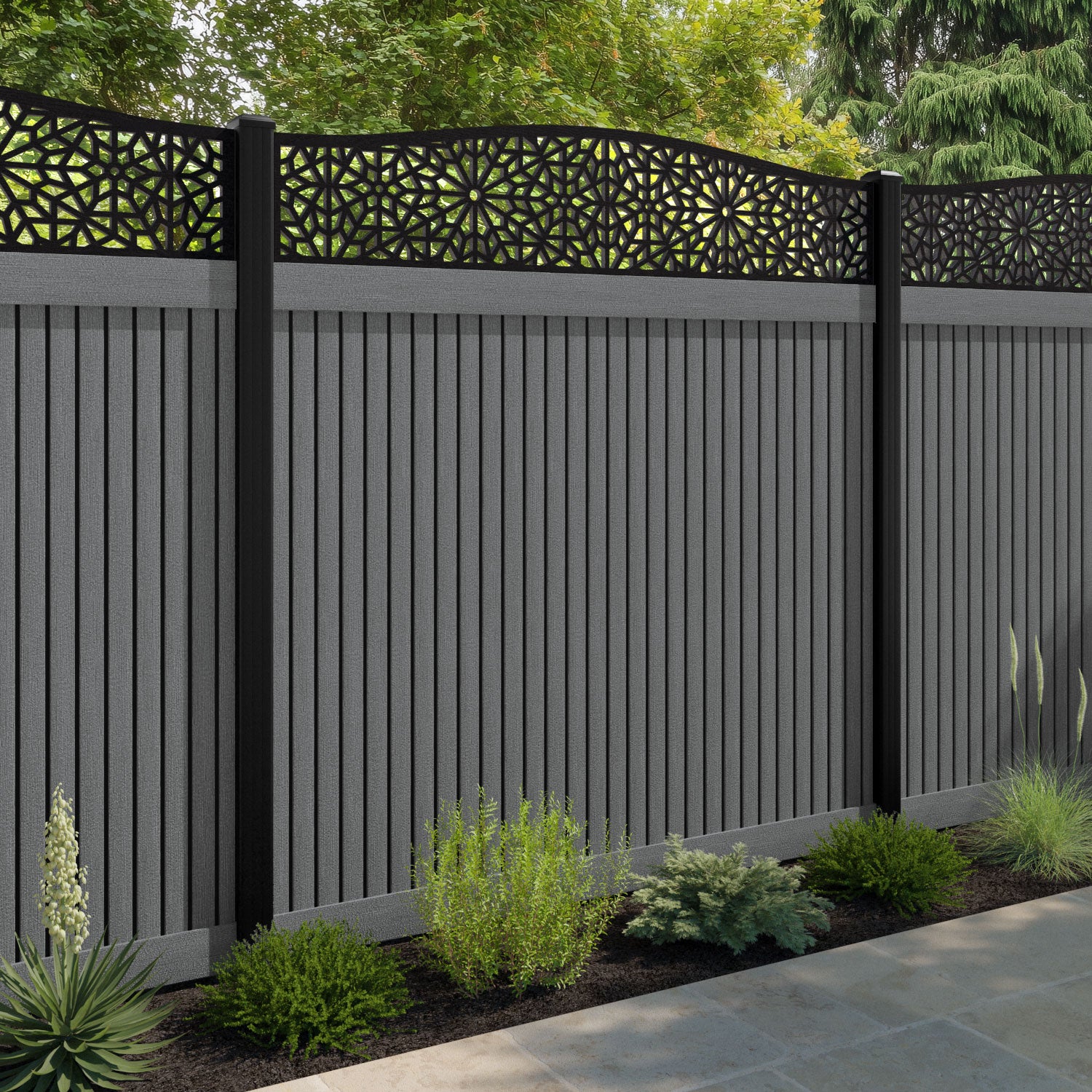 Virtis Alnara Curved Top Fence Panel - Mid Grey - with our composite posts