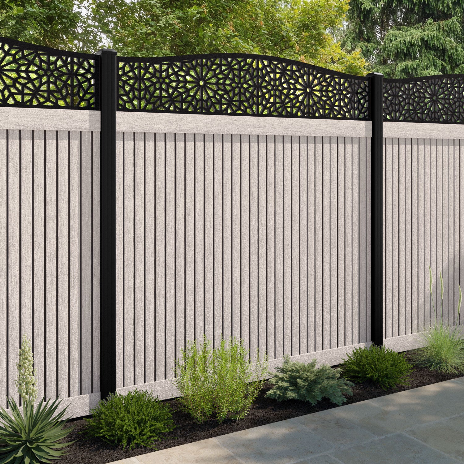 Virtis Alnara Curved Top Fence Panel - Mid Stone - with our composite posts