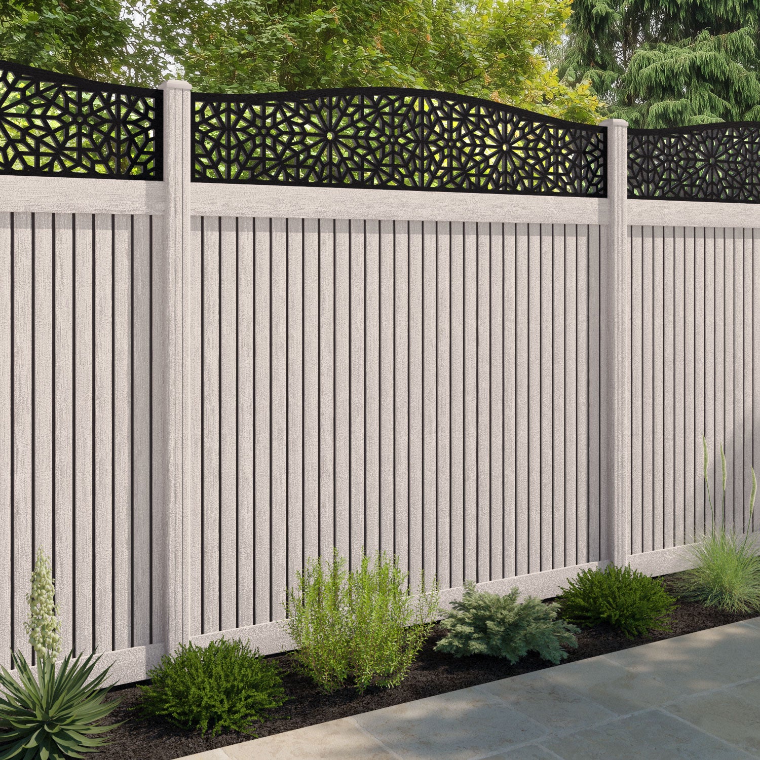 Virtis Alnara Curved Top Fence Panel - Mid Stone - with our composite posts