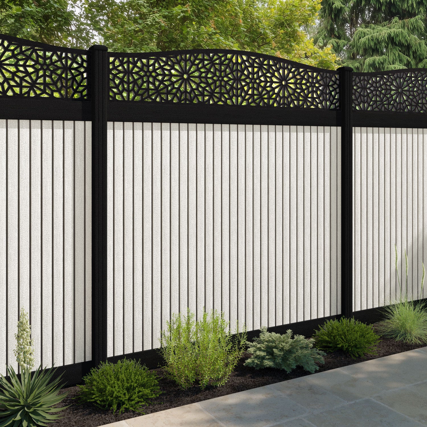 Virtis Alnara Curved Top Fence Panel - Light Stone - with our composite posts
