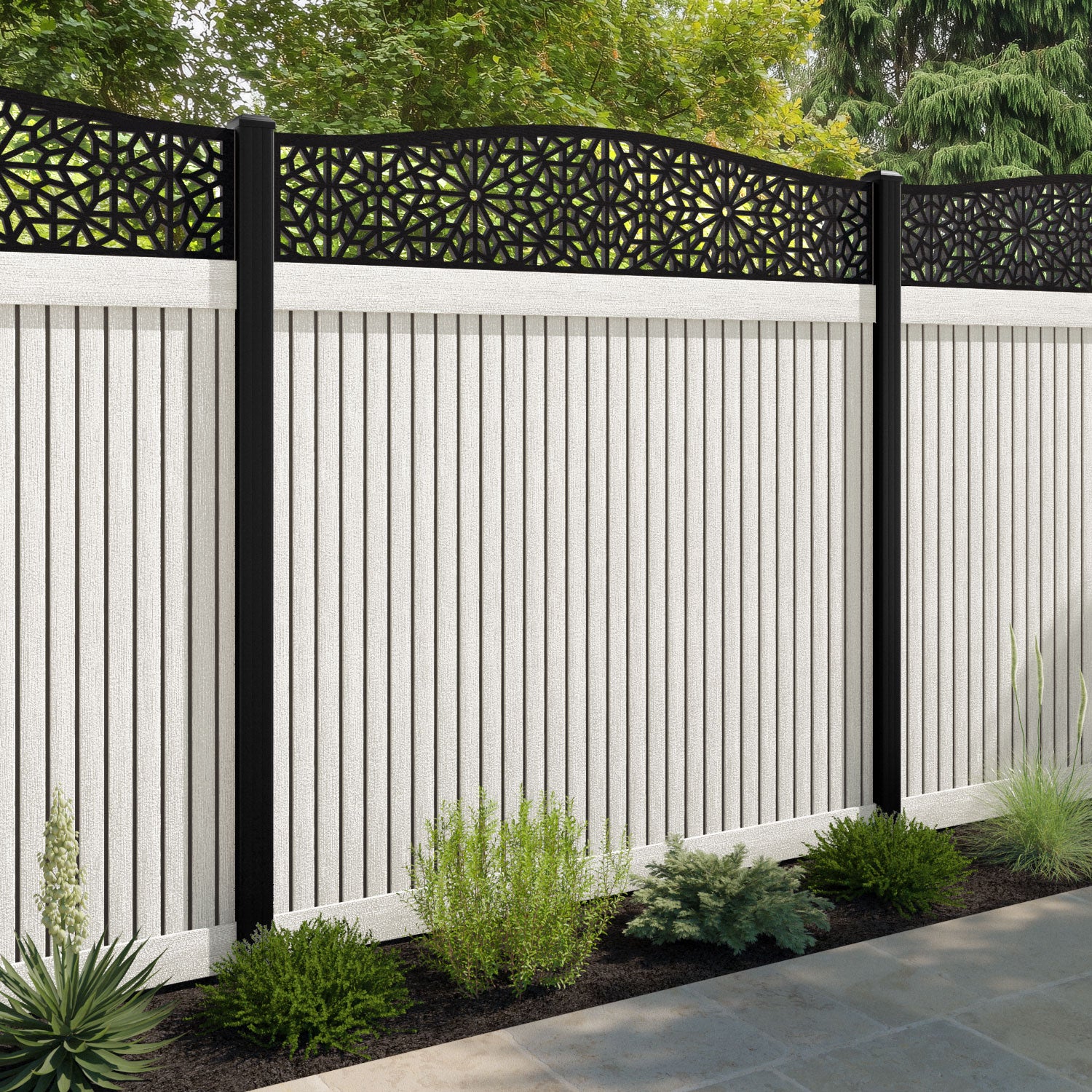 Virtis Alnara Curved Top Fence Panel - Light Stone - with our composite posts