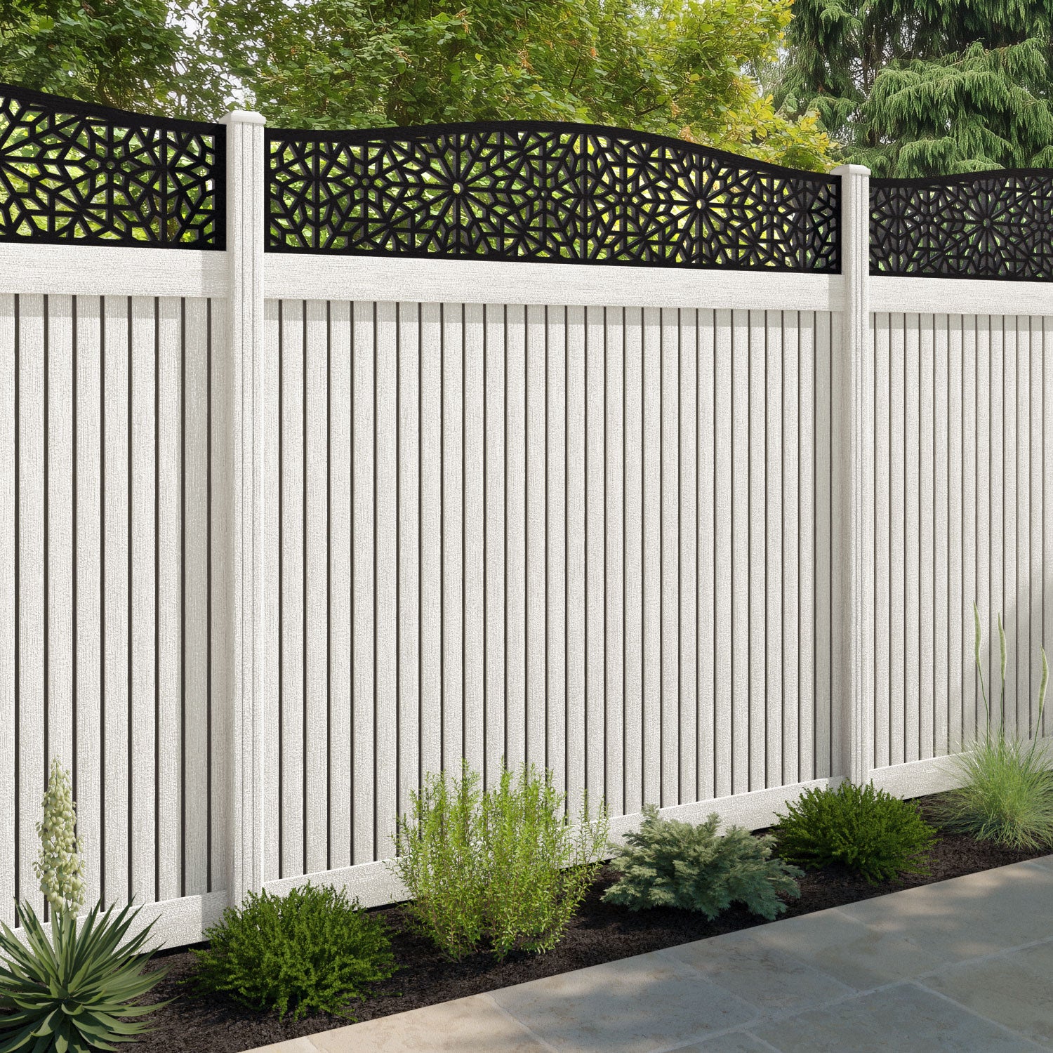 Virtis Alnara Curved Top Fence Panel - Light Stone - with our composite posts