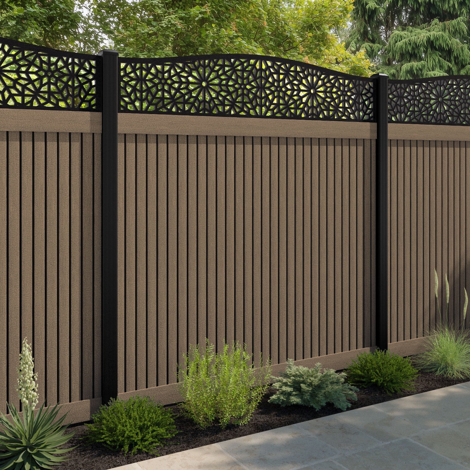 Virtis Alnara Curved Top Fence Panel - Teak - with our composite posts