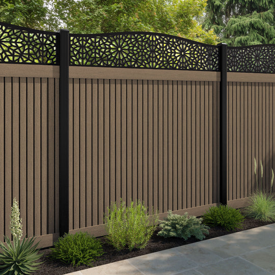 Virtis Alnara Curved Top Fence Panel - Teak - with our aluminium posts